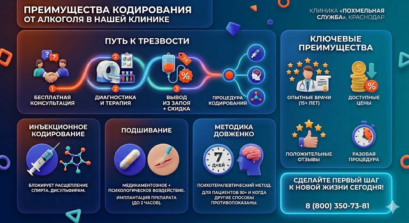 Инфографика о методах кодирования от алкоголя в Райчихинске: инъекции, подшивание, метод Довженко. Преимущества клиники и этапы лечения.